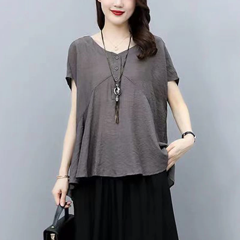 Summer New Fashion V-neck Loose Casual Spliced Shirt Ladies Short Sleeve Oversized Literary Vintage All-match Blouse Women's Top