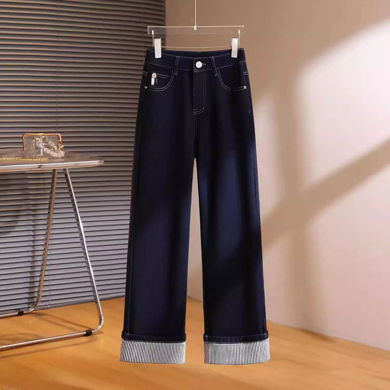 

Korean Style Wide Leg Jeans For Women 2025 New High Waisted Rolled Edge Denim Pants Vintage Color Blocking Straight Leg Trousers