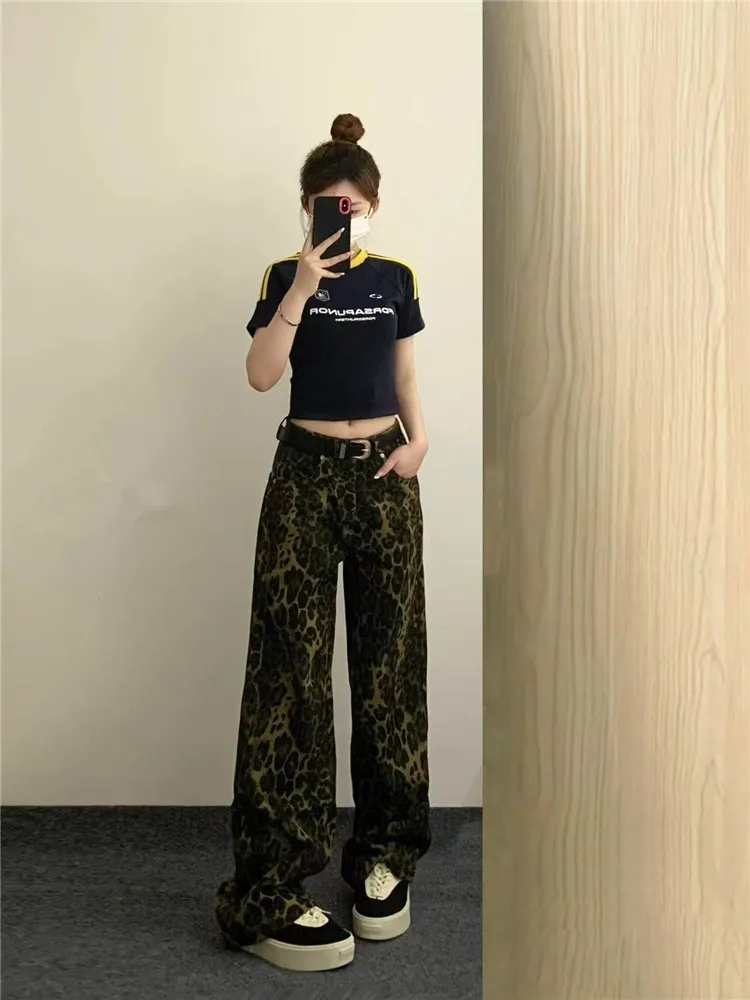 

Американские винтажные джинсы с леопардовым принтом, широкие штанины, женские, с высокой талией, утягивающие, длинные в пол, осенние, темных оттенков