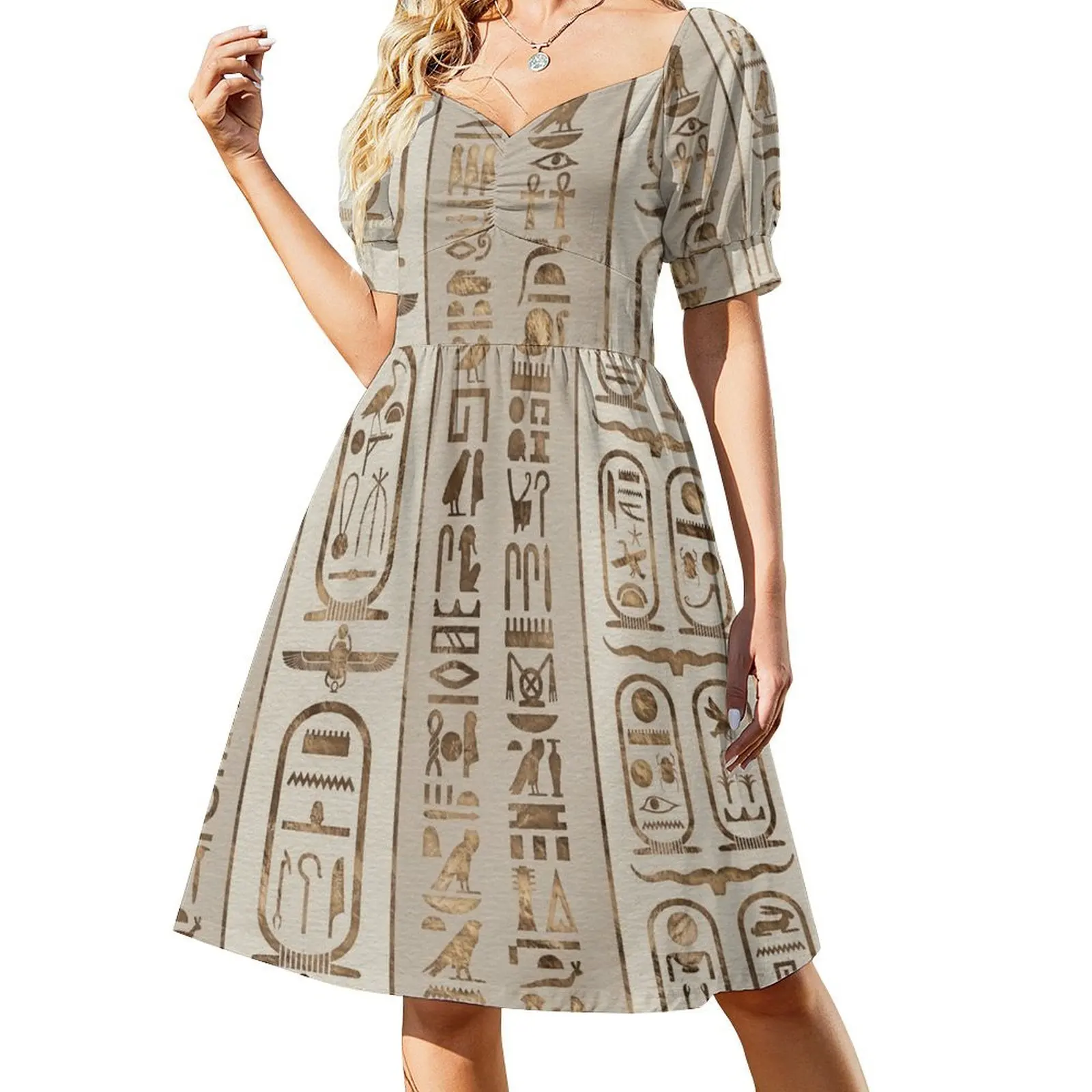 

Egyptian hieroglyphs Pastel Gold Short Sleeved Dress summer women's dress 2025 Clothing Dress