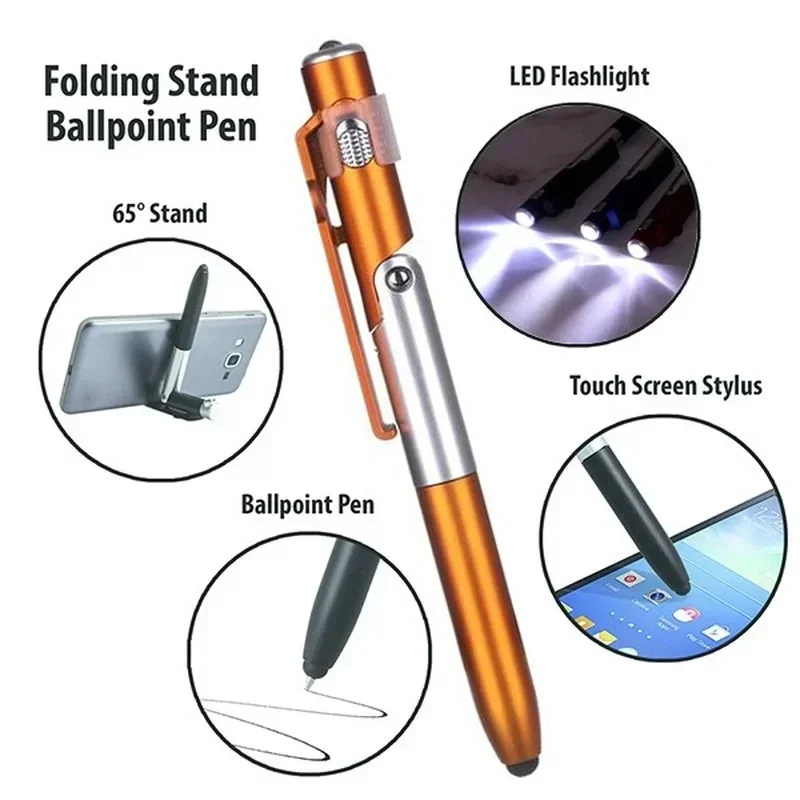 Stylo multifonction tout-en-un 4 en 1 : stylet, stylo à bille, lumière LED et support de téléphone pour bureau et école