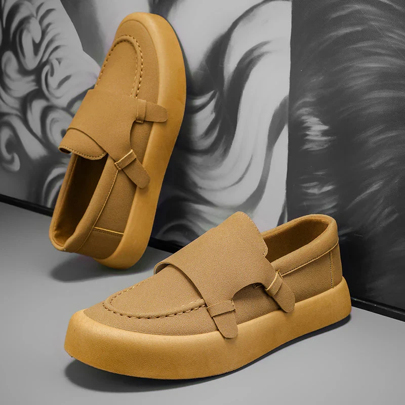 

Tan Round Toe Thick Sole Slip-On Men's Loafers Shoes 2026 Breathable Flip-Up Platform Casual Trendy Shoes Men's Shoes