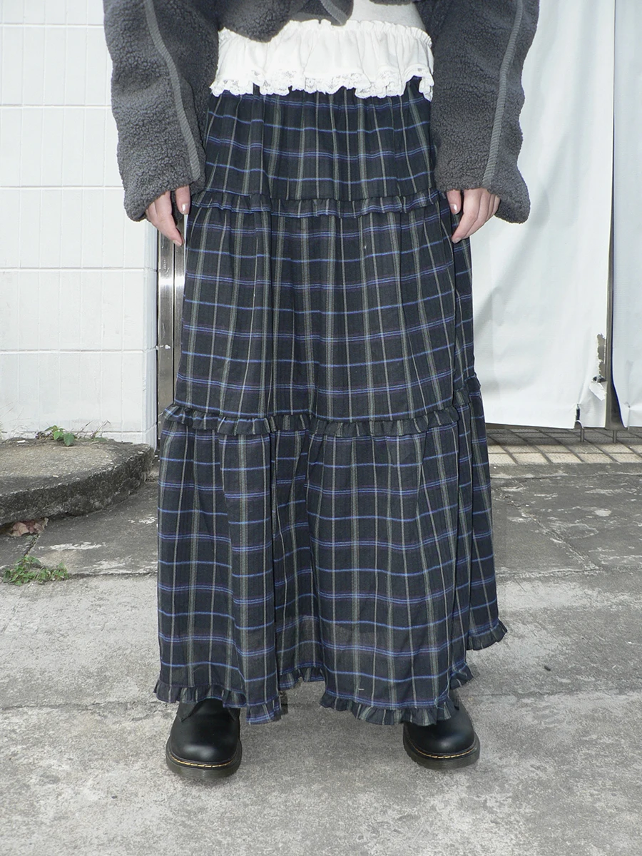 

Angproject Retro Plaid f Skirt with Color Blo A-Line Midi Length Wooden Trim Casual Sle for Girls And Students