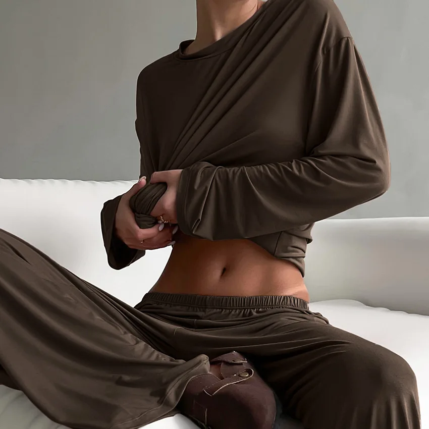 Women Sleepwear Autumn New Round Neck Long Sleeved Pants Pajama Set Women Solid Color Basic Top Casual Loose Home Clothing Suits