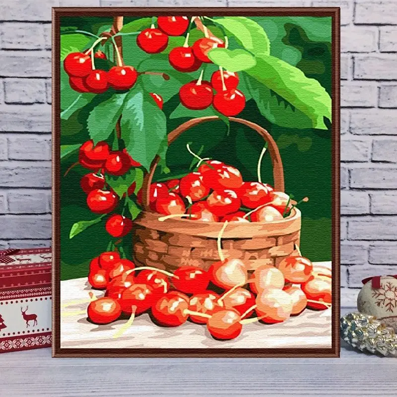 Handmade cross stitch finished red cherry picture, fruit basket, fruit restaurant, small embroidered decorative painting for