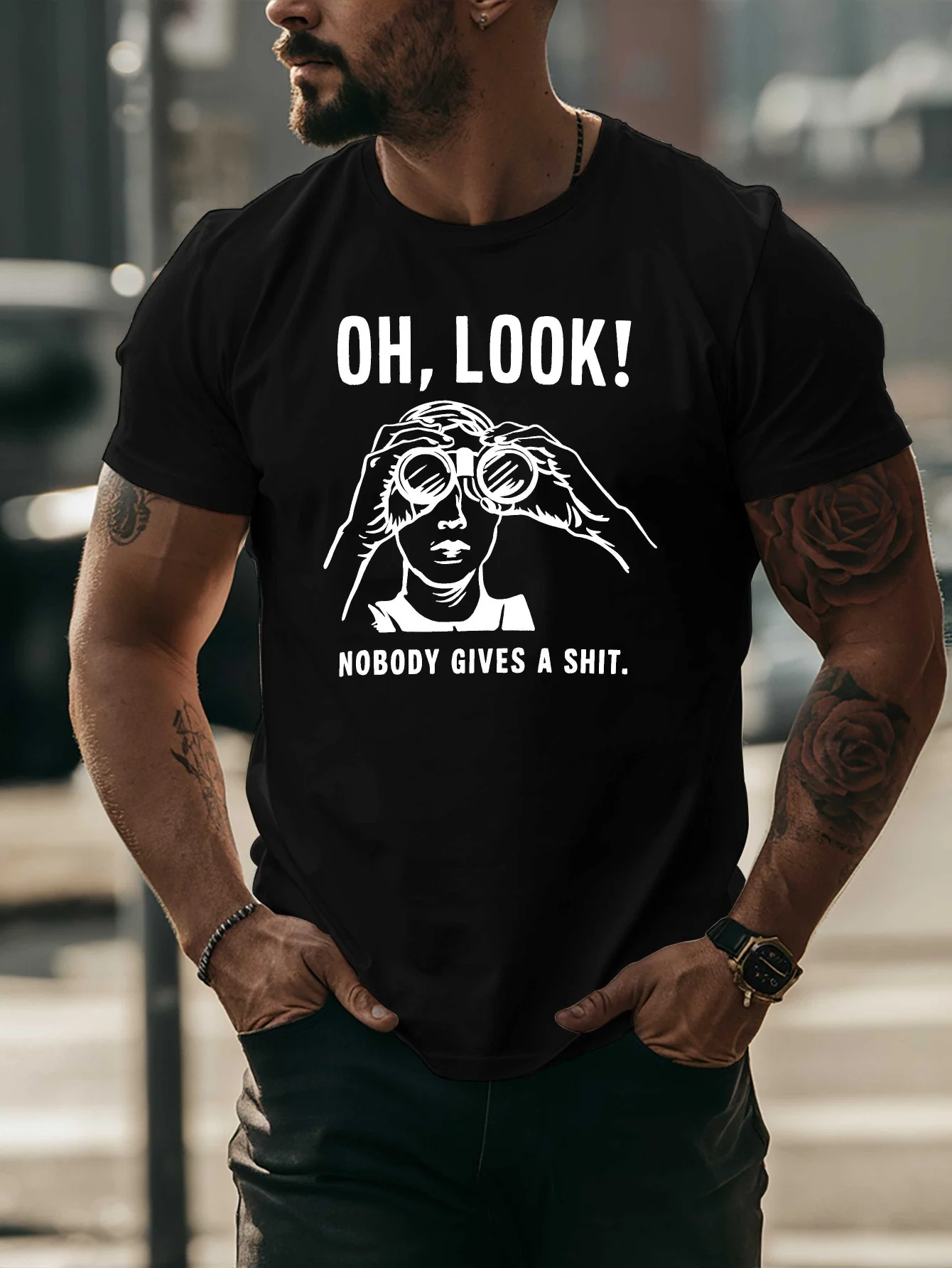 Funny Mens Graphic Tee Oh Look Nobody Gives A Shit Binocular Print Short Sleeve Crew Neck Casual Streetwear Cotton T Shirt