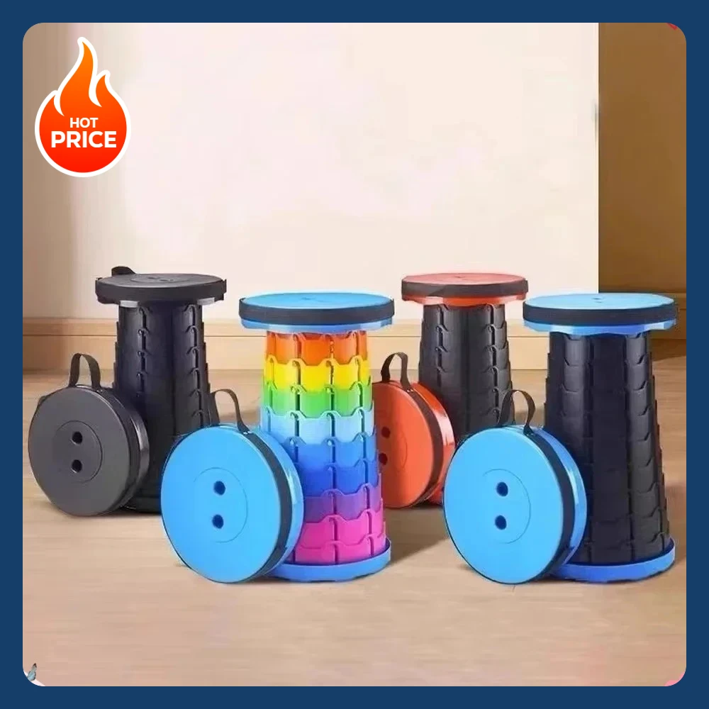 A practical stool perfect for fishing, beach, and camping. Portable plastic folding telescopic chair with adjustable height.