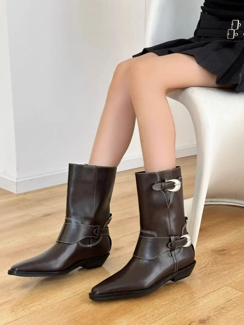 Autumn Cowboy Boots For Women Fashion Slip On Long Pipe Boots Female Square High Heel Trend Winter Footwear Women Ankle Boots