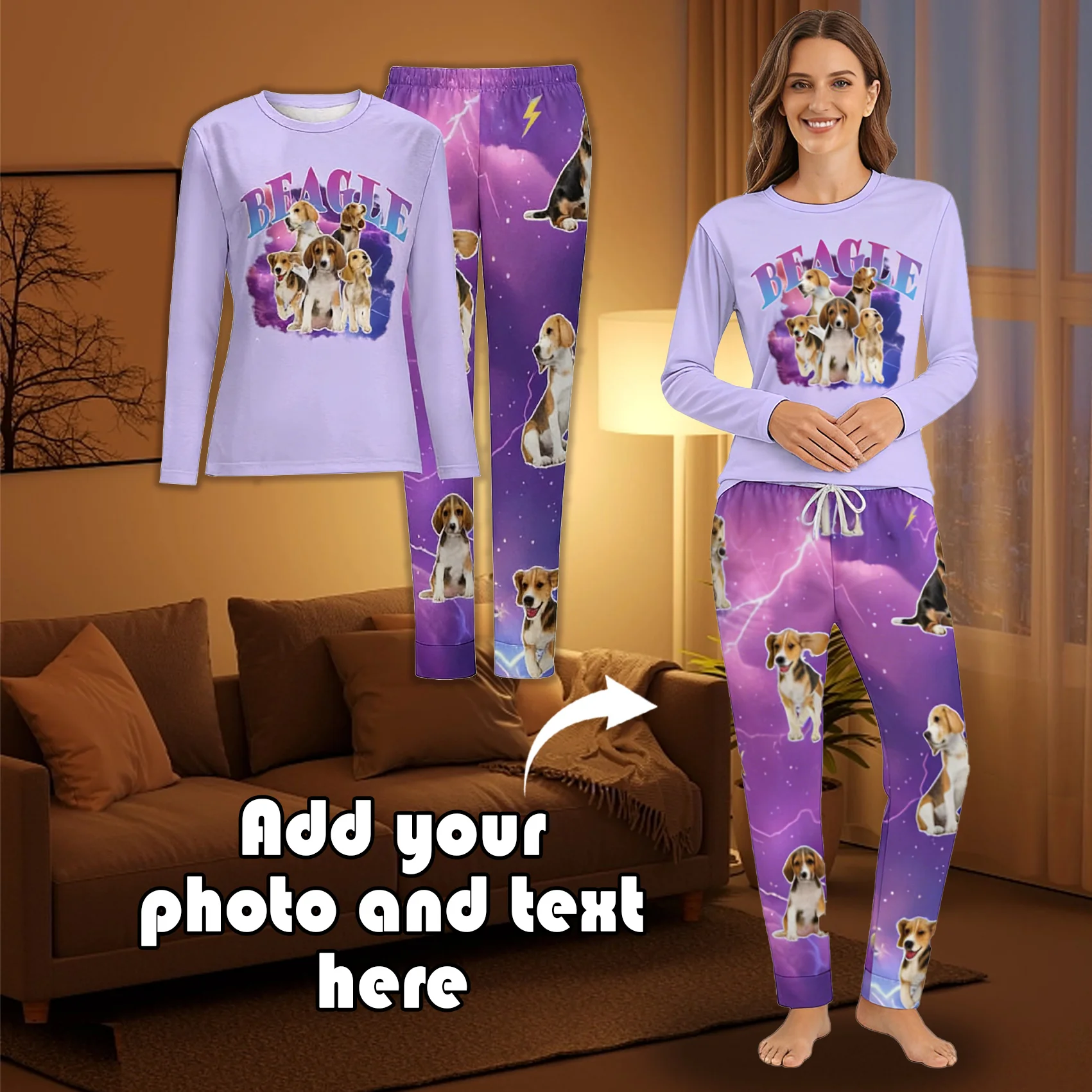 

Пижамный комплект с круглым вырезом на заказ, персонализированные изображения и текст, подарки для пар, связки, друзья, домашние животные, семья