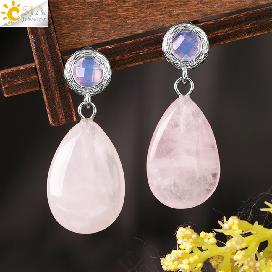 CSJA Reiki Natural Stone Stud Earring Water Drop Shape Pink Crystal Bead Pendant Earring for Women Girl Temperament Jewelry G923