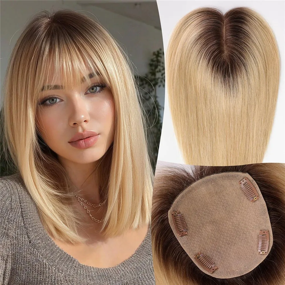 

12in Human Hair Topper with Bangs for Women Silk Straight Remy Hairpiece for Thinning Hair Natural Looking Blonde Hair Toppers
