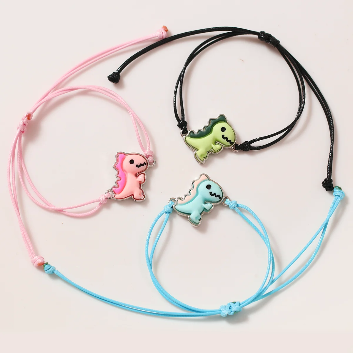 Pink Blue Green Cute Little Dinosaur Bracelet Hand-Woven Wax String Three-Piece Set