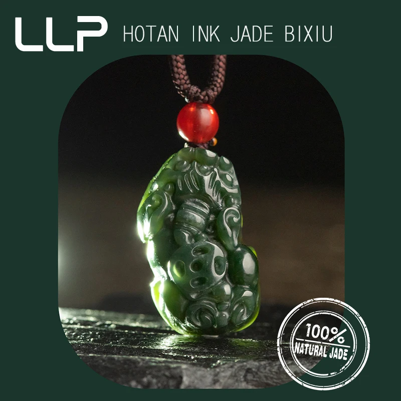 Natural Hotan Ink Jade Pixiu Pendant Necklace Charm Jade Jewelry Carved Amulet Fashion Accessories Gifts