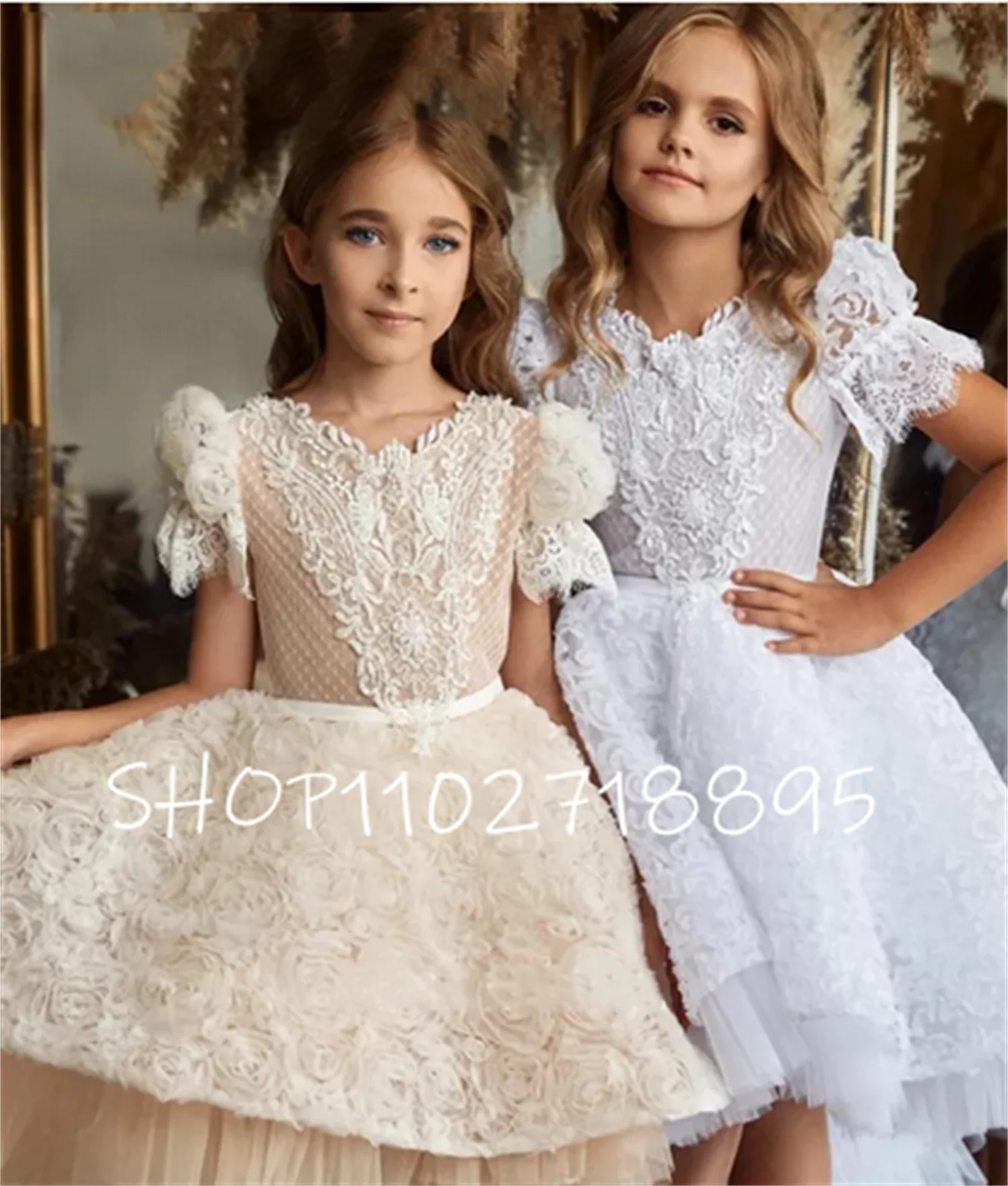 Charming Flower Girl Dresses Puffy Skirt 3D Roses Lace Tulle Girls Pageant Gown First Communion Dress Christmas New Photo Shoot