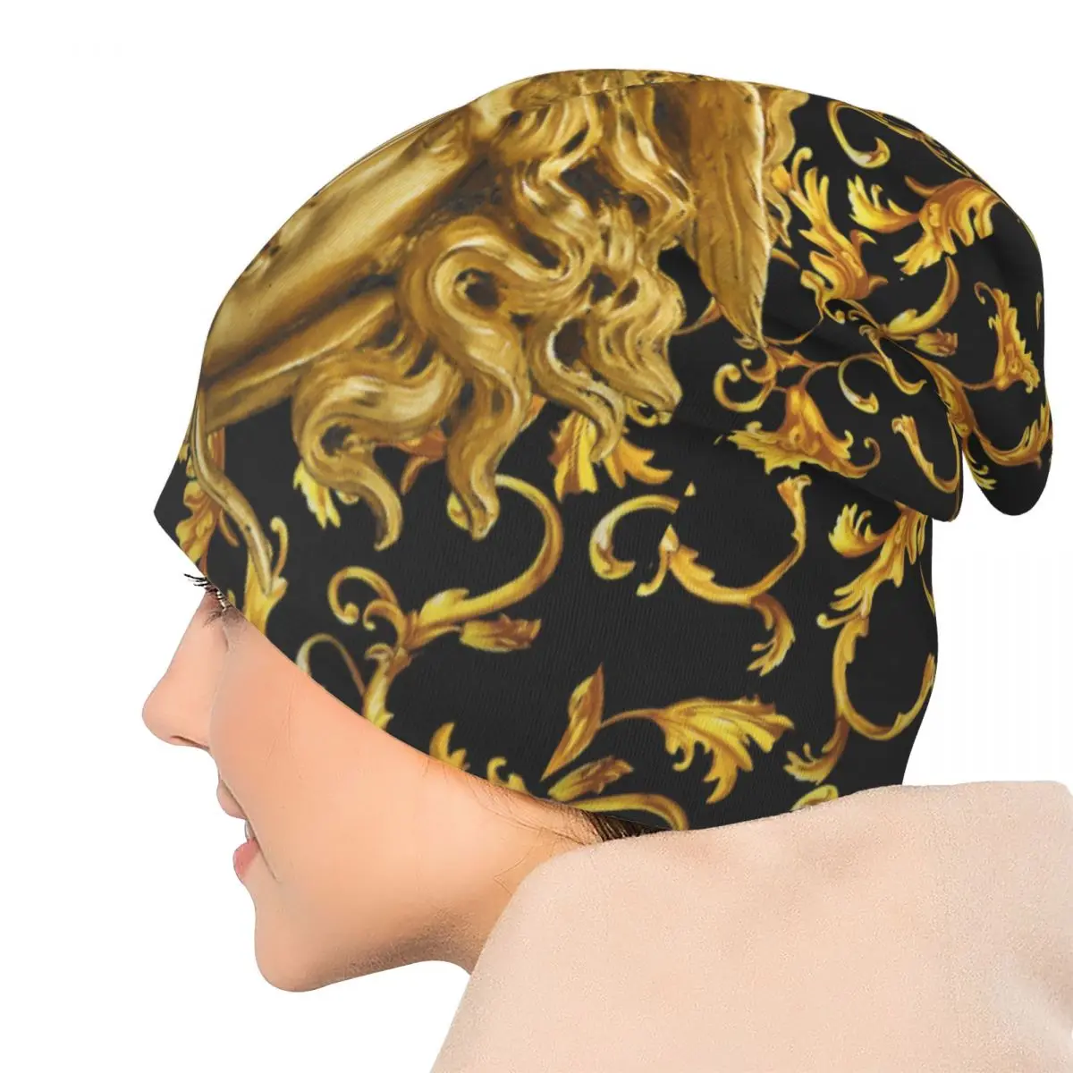 Gold Baroque Print Luxury Skullies Beanies Medusa Greek Mythology Bonnet Hats Men Hip Hop Warm Multifunction Bonnet Knit Hat