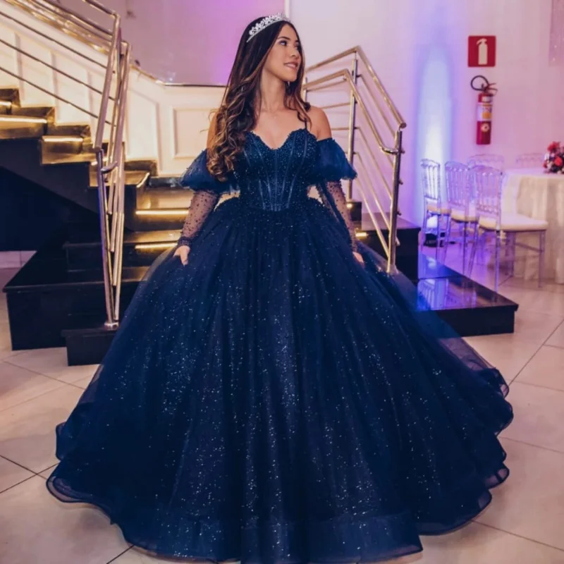 

Customized Shiny dark blue Quinceanera Dresses Off the Shoulder Tull pearl applique Bow Long tail Vestido De 15 Quinceanera
