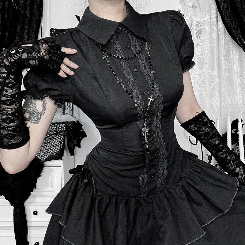 American Gothic Dark Y2K Vintage Dress Women Aesthetic Streetwear Harajuku  Grunge Lace Patchwork High Waist Bow Party Dress 2025