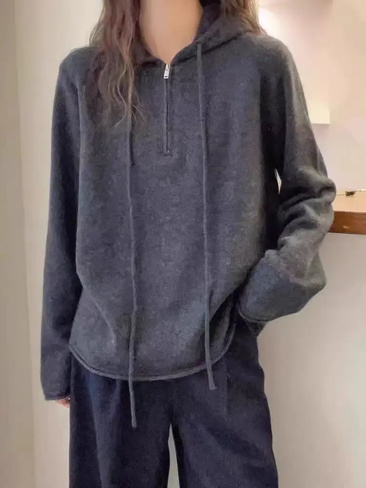 2026 autumn winter rolled edge hooded zipper 100% wool sweater women's European goods with hood loose sweater cashmere bottom