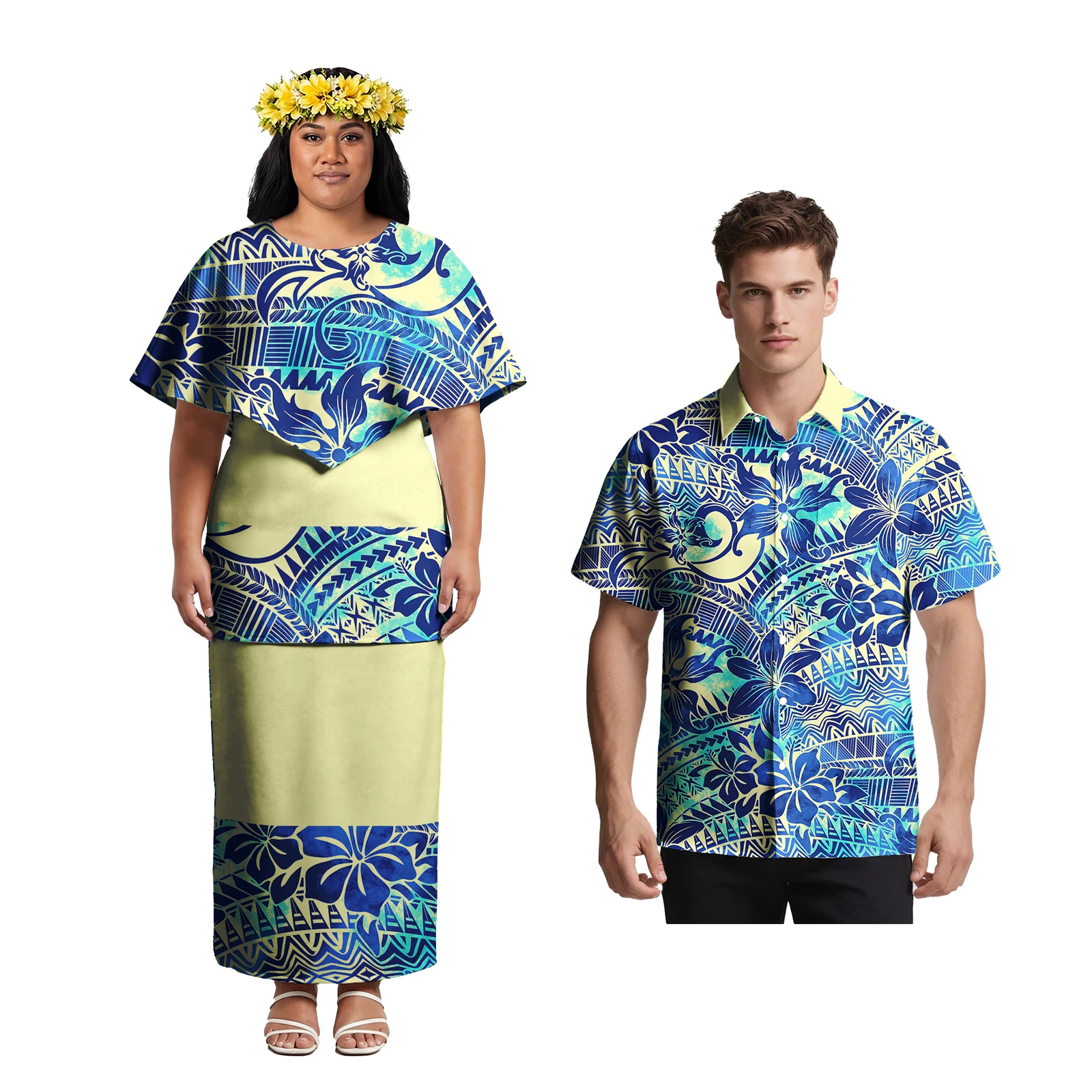 

Low Price Couple Outfits Custom Hawaiian Men Casual Turn-down Collar Shirts Women Samoan Puletasi Polynesian Tribal Couple Suit