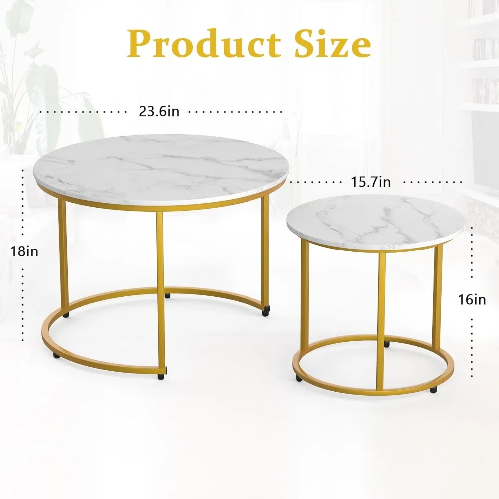 2-piece Nested Table Set, Living Room Circular Coffee Table with Golden Metal Frame, Marble Patterned Nested Table