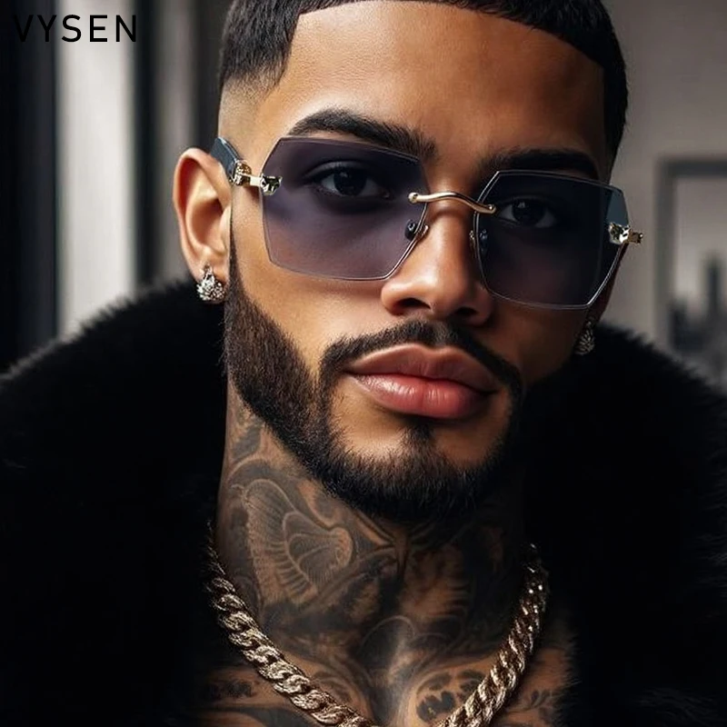 

Vintage Rimless Square Sunglasses Men 2025 Luxury Brand Change Color Leopard Head Sunglass Anti Blue Light Photochromic Shades