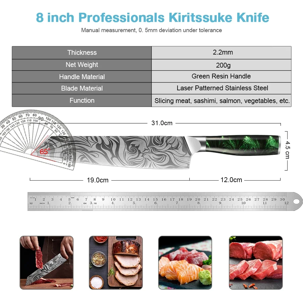 8 Inch Japanese Kiritsuke Chef Knife,Damascus Laser Pattern Kitchen Knives Super Sharp Blade Edge Gyuto Knife Ergonomic Handle