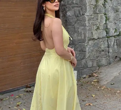 

Women Dress 2025 Autumn Solid Color Sleeveless Deep V-Neck Hanging Neck Bareback Strap Summer Latest Hot Selling Fashion Dress