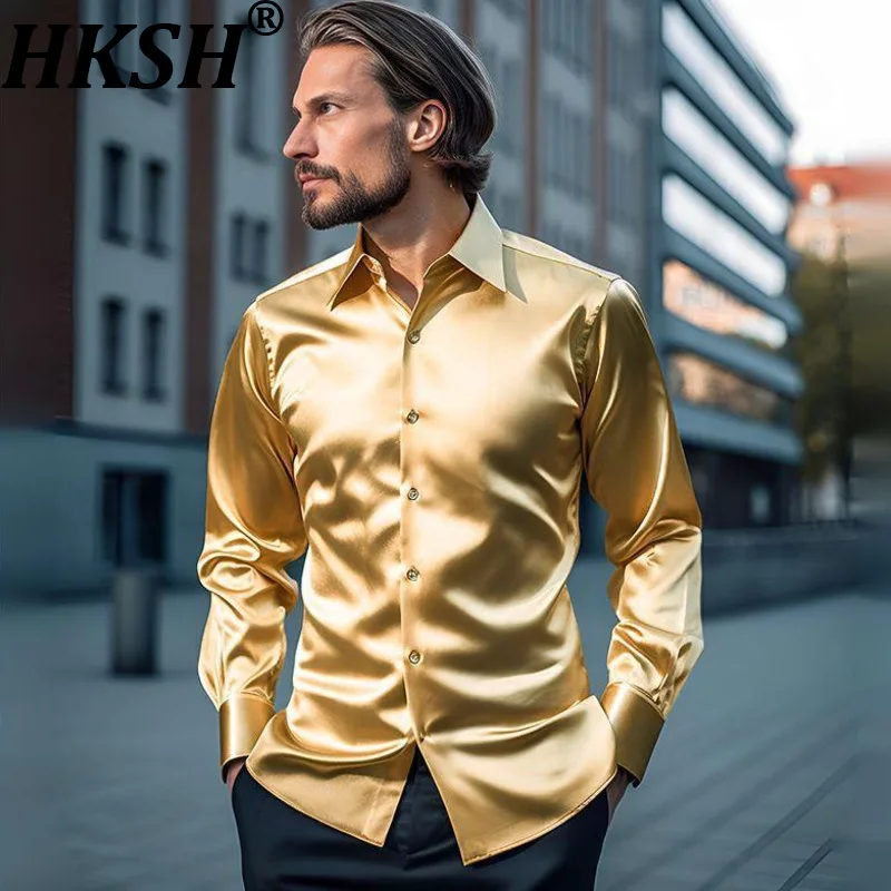 

HKSH Spring Autumn New Men's Satin Nightclub Style Solid Color Glossy Trendy Long Sleeve Shirt Fashion Chic Ins Vibe Top HK20807