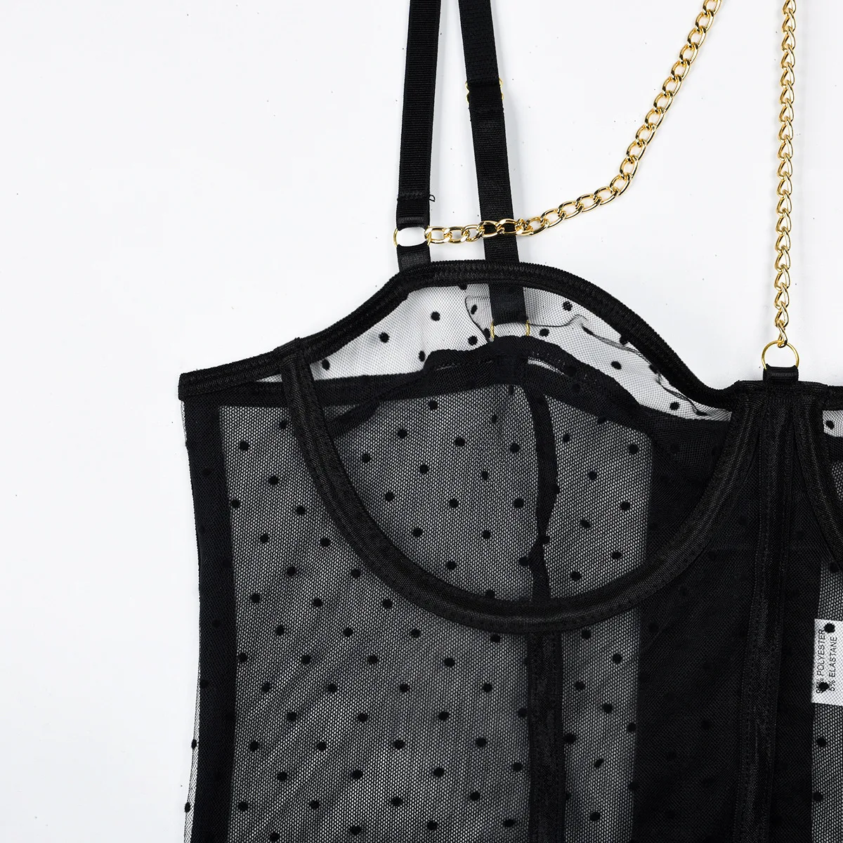 Polka Dot Sexy Underwear Three-piece Set Close-fitting Sexy Chain With Steel Ring Perspective Women's Underwear