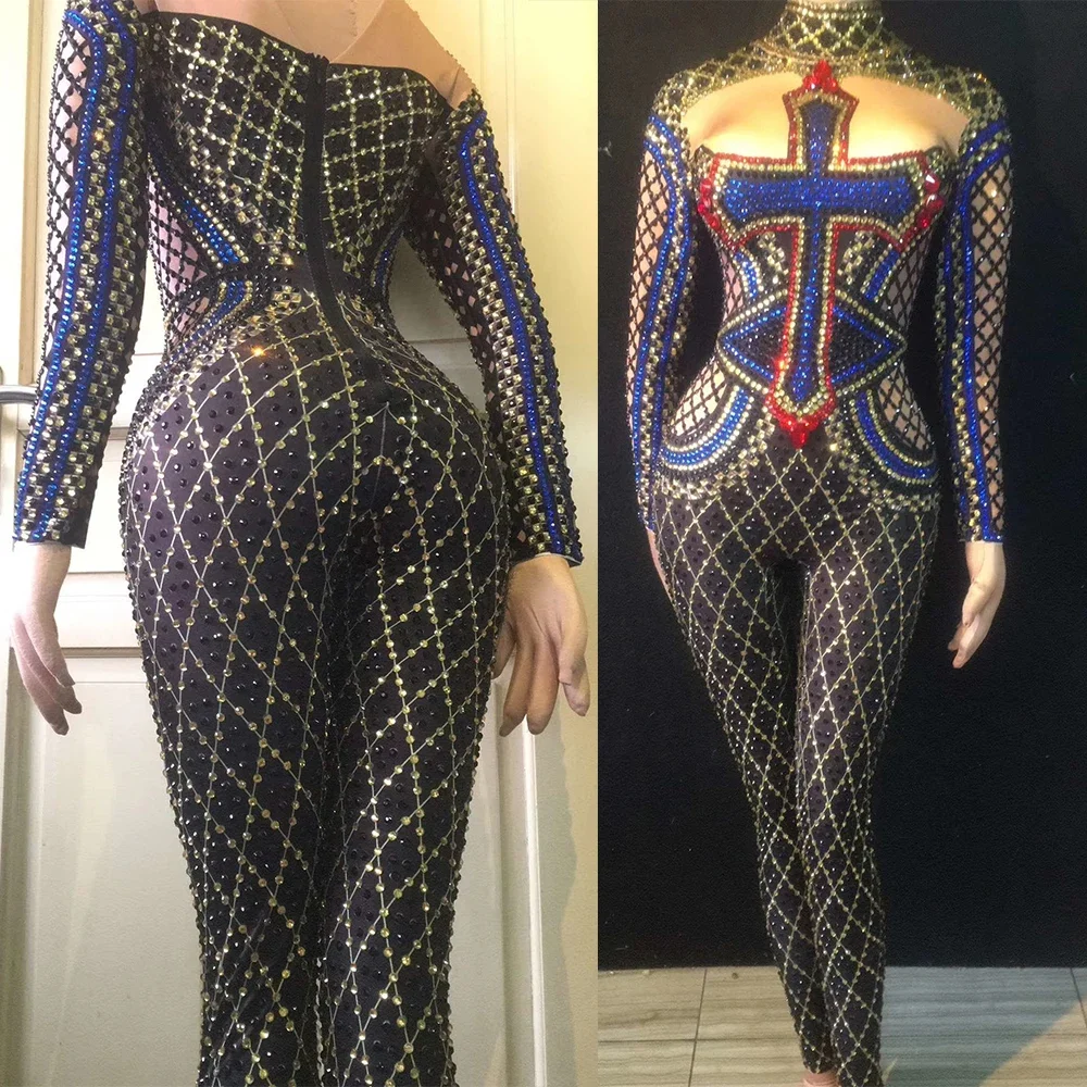 Сверкающие красочные кристаллы и стразы, женский комбинезон с длинным рукавом, эластичный костюм певицы для выступлений на сцене, джазовый танцевальный костюм