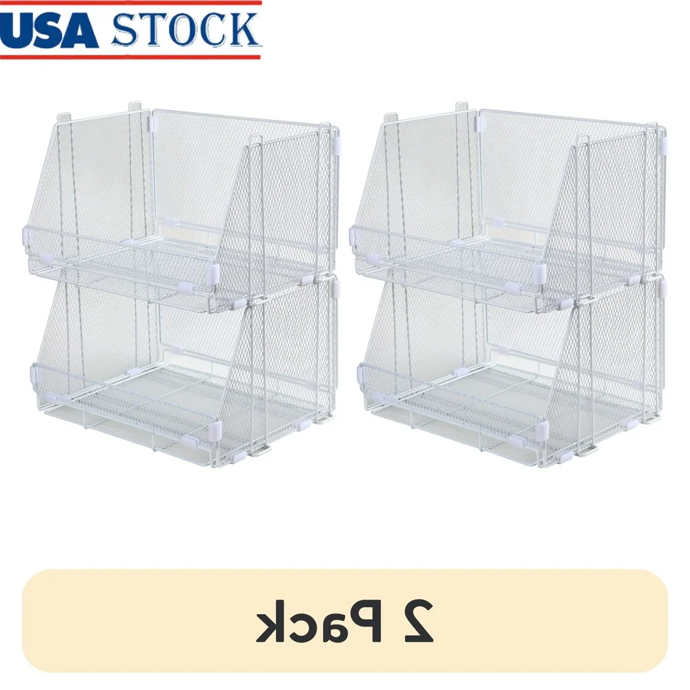 

2 Pack Stacking Folding Storage Baskets Wire Organizing Bins Clothes Toys Linens Office Room Playroom Laundry Heavy Duty