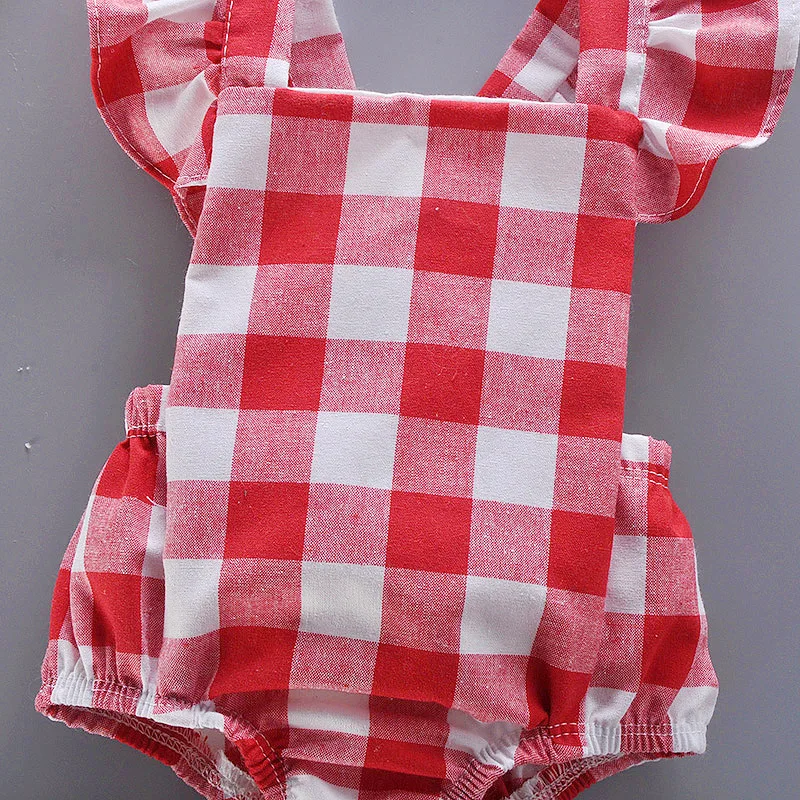 Newborn Summer Comfortable Crawling Clothes With Red Checkered Flying Sleeves  Big Bow Wrapped Bottom Coat Suitable For 0-2 Year