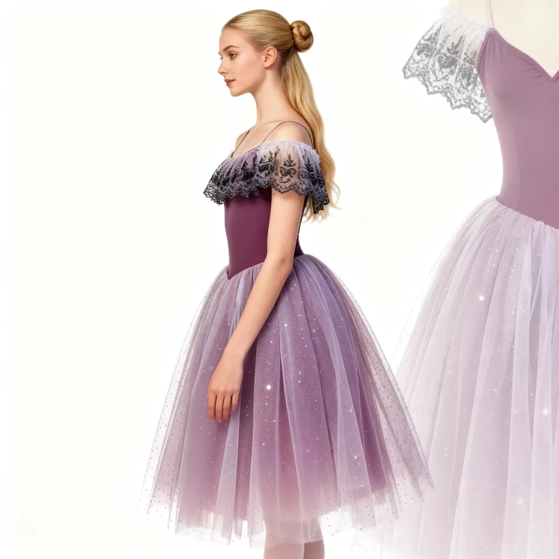 

Детская балетная юбка для выступлений, фиолетовое балетное платье-пачка, специальное длинное танцевальное платье из тюля для соревнований, для взрослых женщин