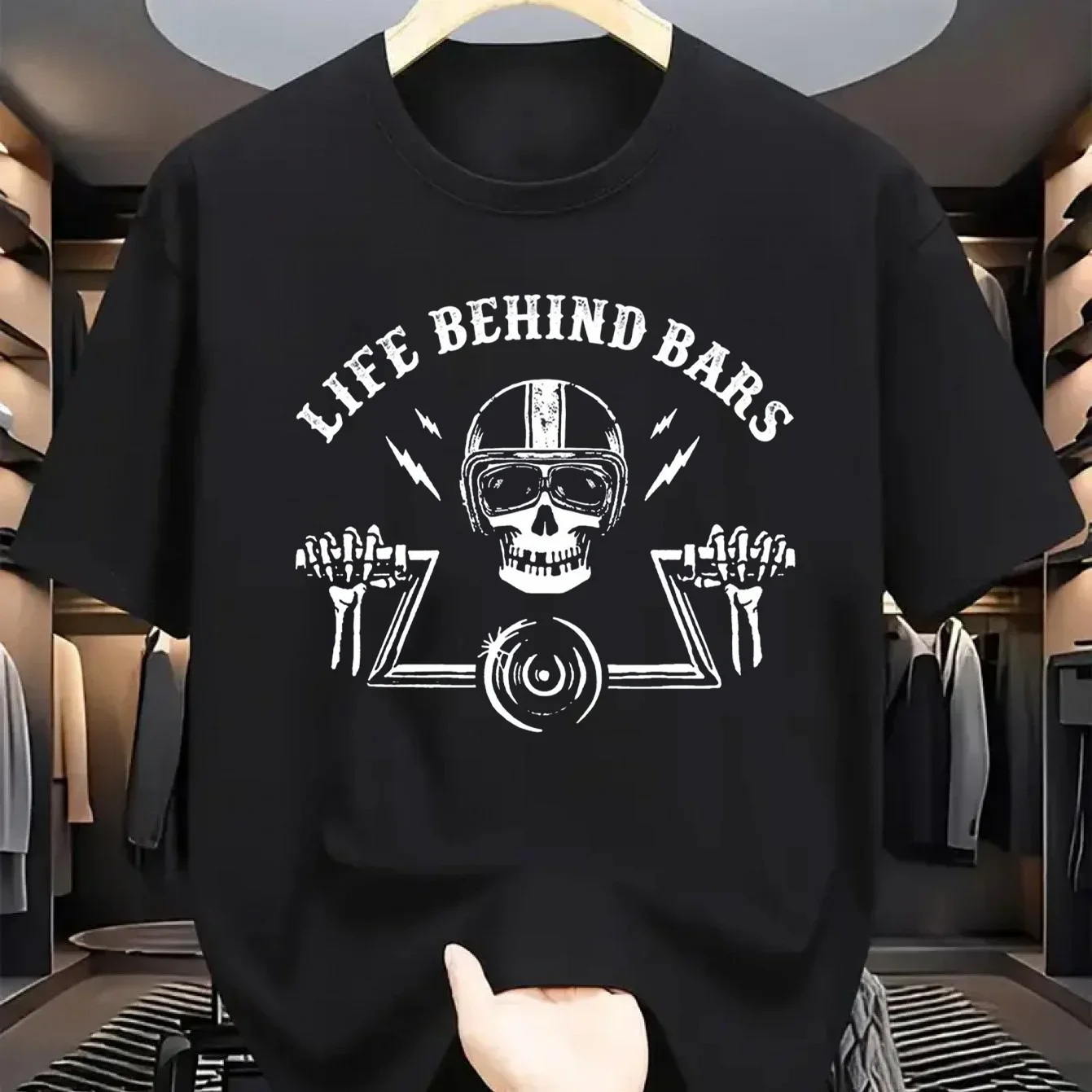 

Motorcycle T Shirt Life Behind Bars Motorcycle Shirt Men Cool Biker Tee Skeleton Decal Humor Route 66 TShirt Motorcycle Shirt