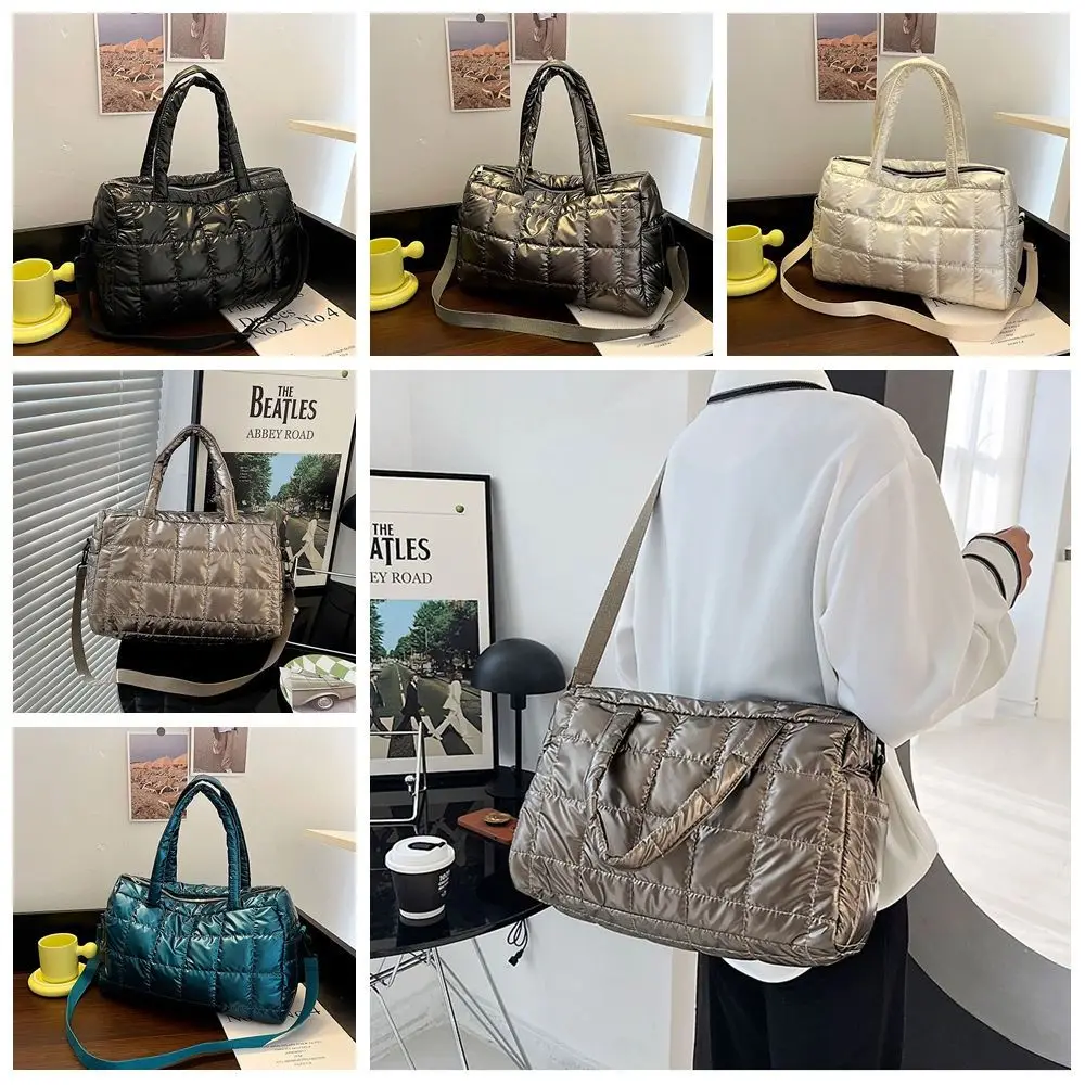 

Korean Style Bright Space Cotton Tote Bag Shoulder Bag Plaid Cloud Crossbody Bag Silver Large Capacity Nylon Handbag