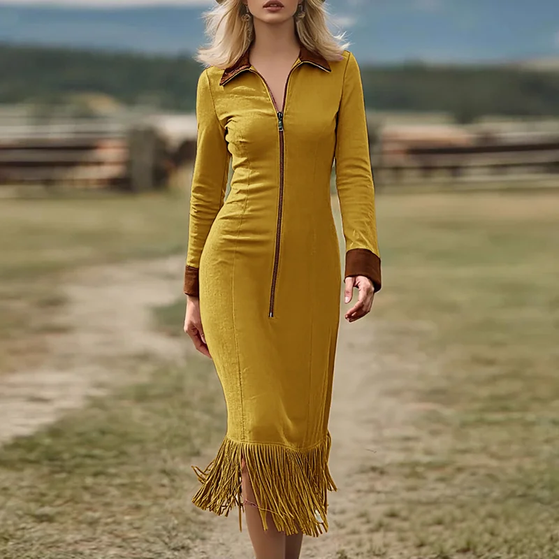 Western Retro Solid Suede Tassel Party Dresses Woman Elegant Lapel Zip Midi Dress New Autumn Long Sleeve Slim Bodycon Hips Dress
