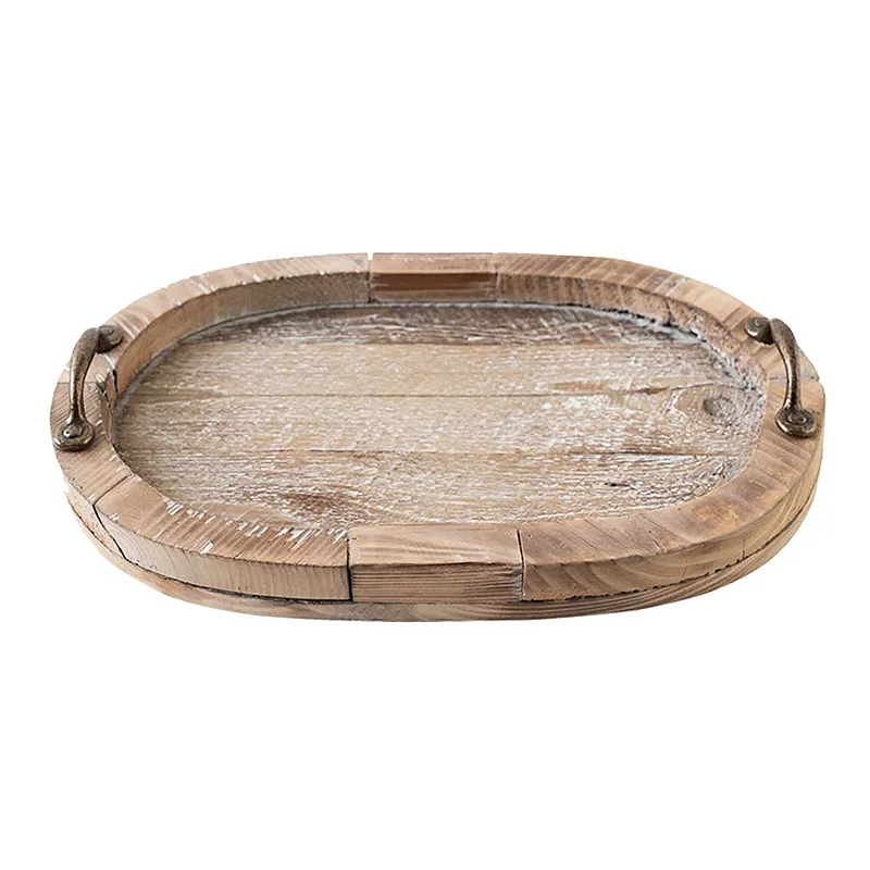 Farm Style Vintage Old Aged Fir Wood Oval Handmade Ornamental Serving Tray with Metal Handles