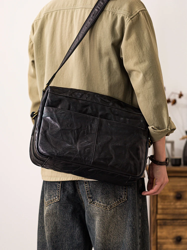 Vintage designer handmade vegetable tanned cowhide men large-capacity shoulder bag outdoor travel genuine leather crossbody bag