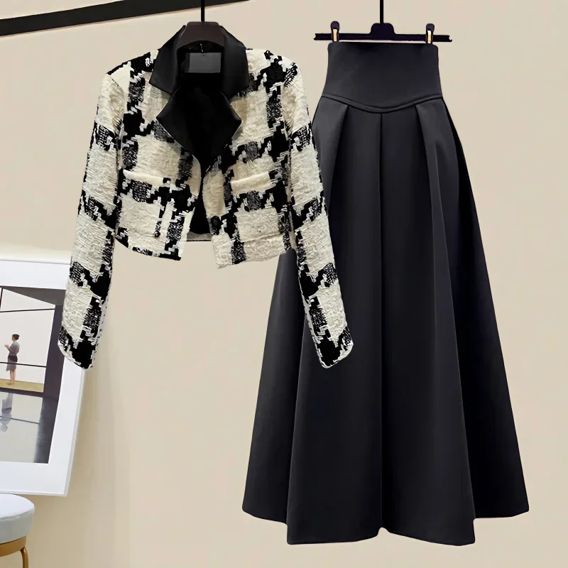 2024 Autumn/winter New High-quality Patchwork Jacket Coat Blazers for Women Black Half Skirt Two-piece Dress Set Outfits