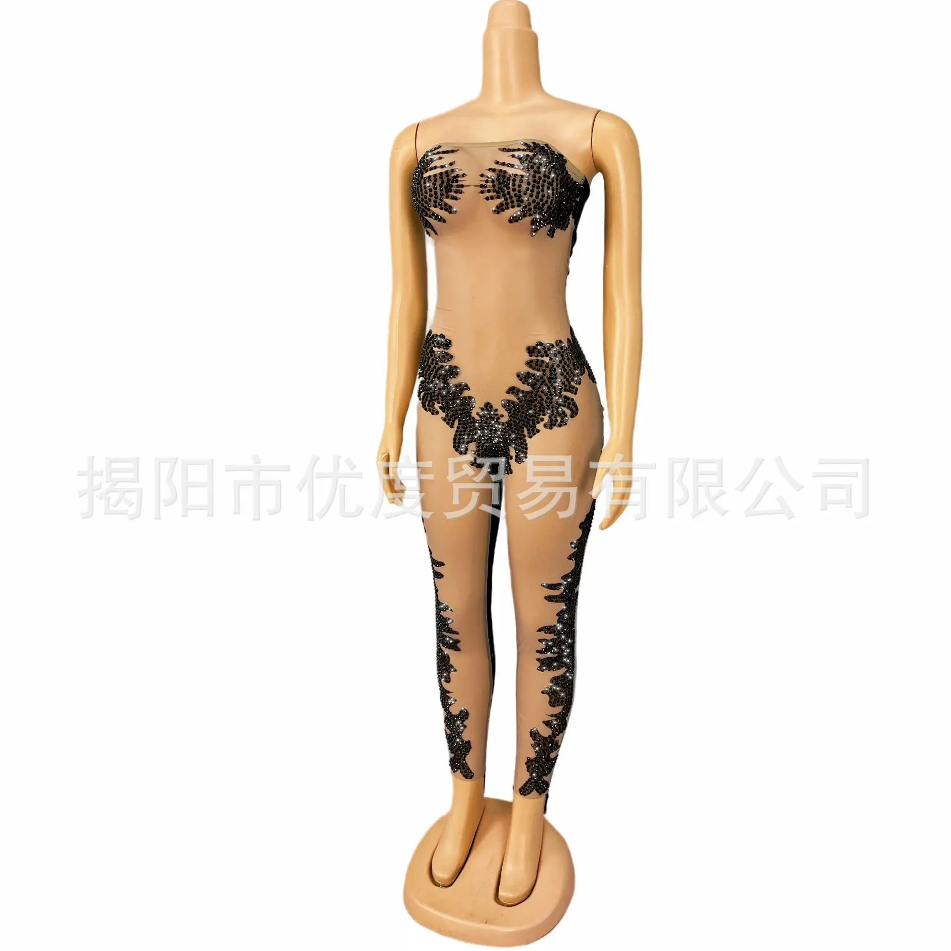 Design Sense Slim Mesh Patchwork Rhinestone Jumpsuit Singer Night DJ Reception Party Performance Black Corsage Vestidos De Festa