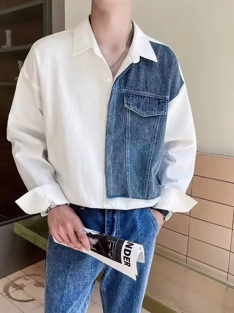 

Мужская джинсовая рубашка Slim Fit с пэчворком, длинным рукавом, тонкая, летняя, белая, повседневная, модная, уличная, молодежная, однотонная