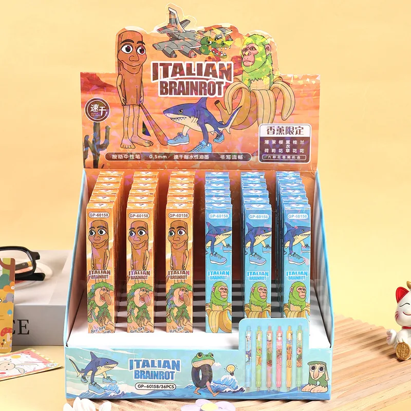 

36 шт., Tung Tung Sahur, итальянская деревянная гелевая ручка Brainrot, мультяшная ручка для подписи, индивидуальная упаковка, студенческие канцелярские принадлежности, подарок