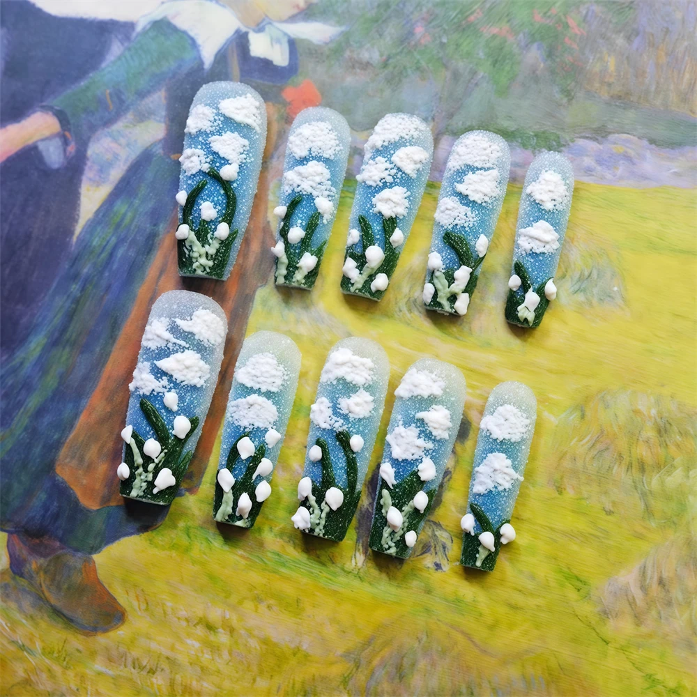 

10pc Press on nails Medium length Flower Color False Nail Simple Elegant Design Fake Nail Art Oil Painting style Detachable Nail