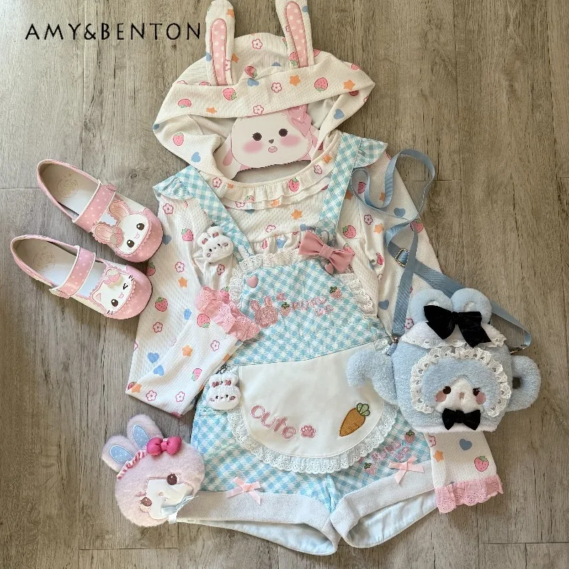 

Original Cute Bunny Ear Lace Cartoon Print Doll Collar Long Sleeve Inner Top Blue Plaid Strap Shorts Kawaii Girl Two Piece Sets