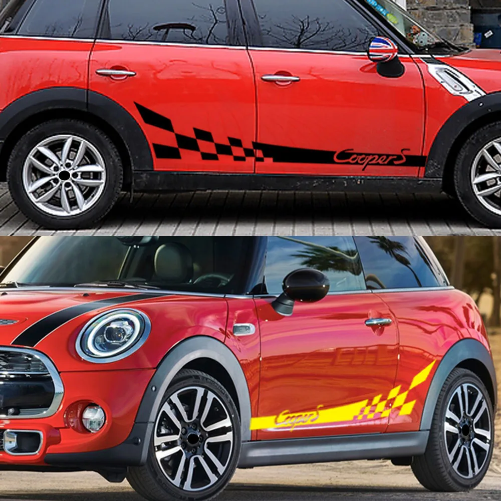 2010-2023 Voor-Mini Cooper Geblokte Vlag Zijstrepen Vinyl Body Sticker Sticker Rocker Panel Sticker