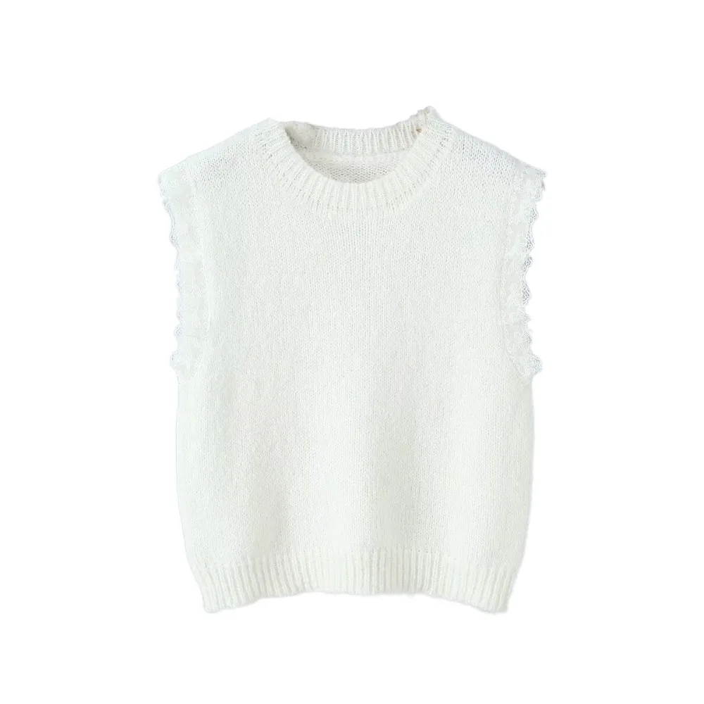 

Elegant Round Neck Lace Sleeveless Sweater Solid Color Korean Style Knitted Waistcoat Top Pullover Sweet Vest Crop Top Female
