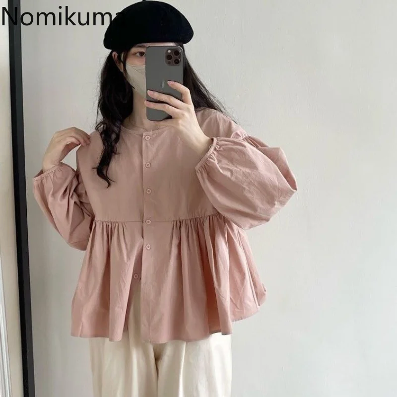 Nomikuma Shirts Blouses Spring Autumn Lantern Sleeve Pleated Loose Solid Blouses for Women Fashion 2022 Casual Shirts for Women