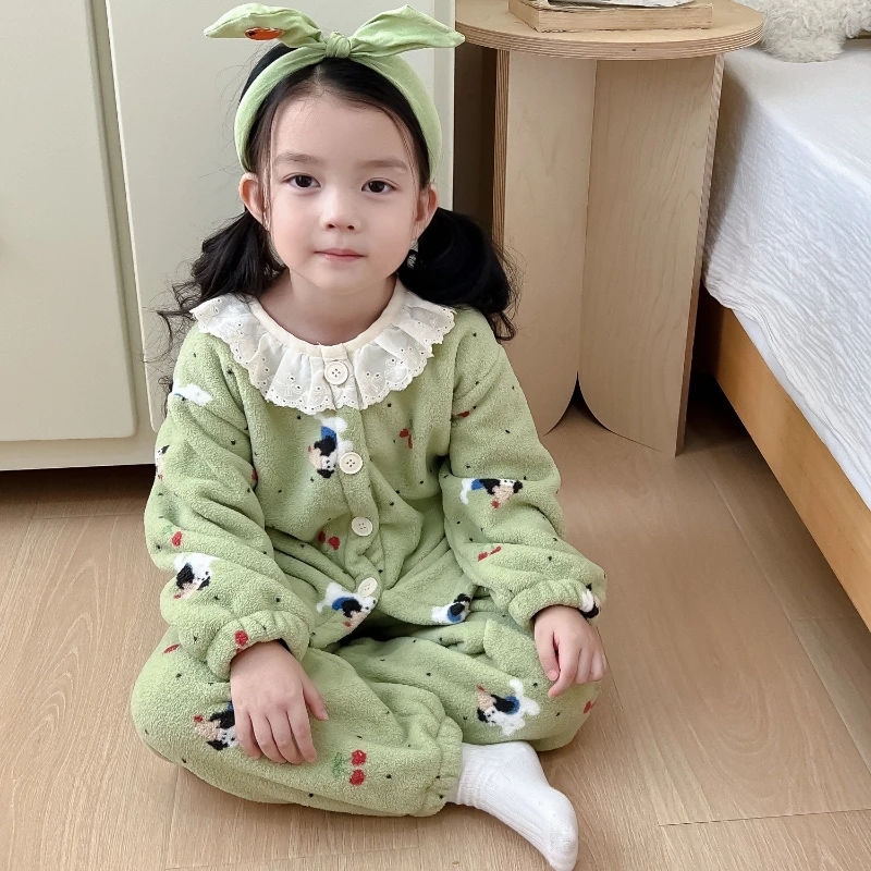 

2025 Girls Lace Trim Pajama Set, Korean Style Flannel Robe for Toddlers & Kids Winter Loungewear