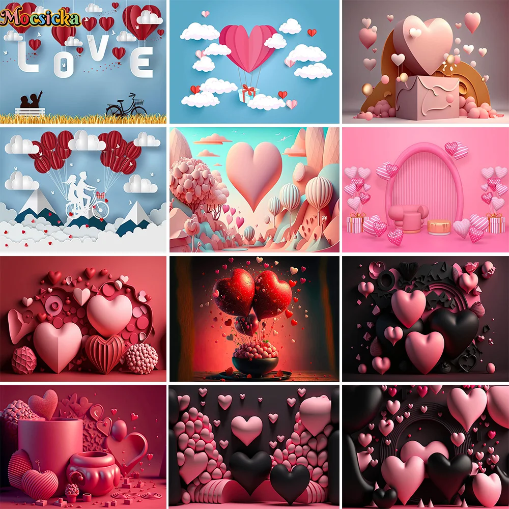 Fondo rojo del Día de San Valentín para estudio, decoración de globo de amor 3D, papel tapiz de utilería para fotografía, retrato de cumpleaños para niños, foto de aplastamiento de pastel