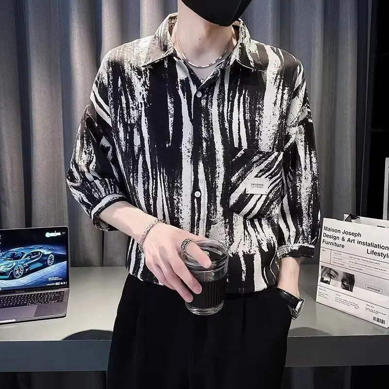 

Новая летняя повседневная модная рубашка с короткими рукавами и цветочным принтом, модная легкая универсальная красивая куртка, полосатая рубашка с четвертью рукавами